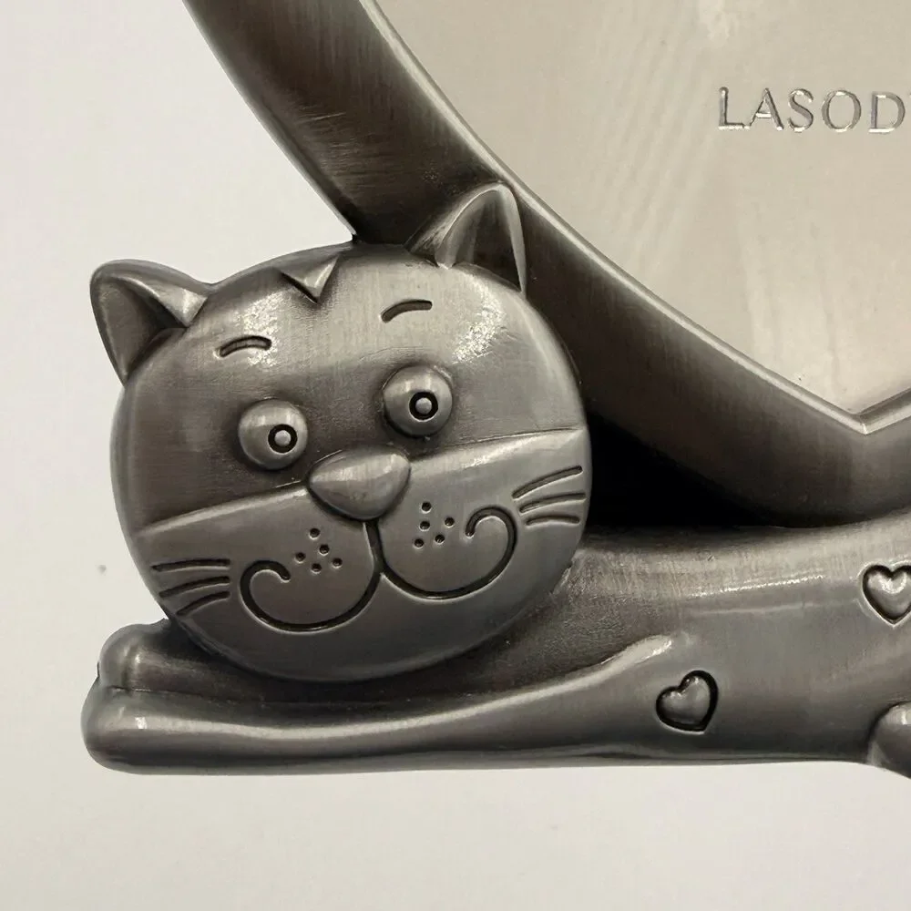 LASODY Cat Picture Frame Heart 4x3.5 Silver Tone Paw Prints Kitty Pet Decor